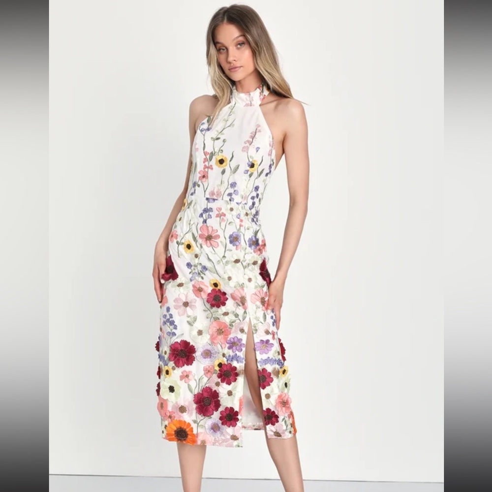 Lulu’s Unique Impression Ivory 3D Floral Embroidered Halter Midi Dress- Size S